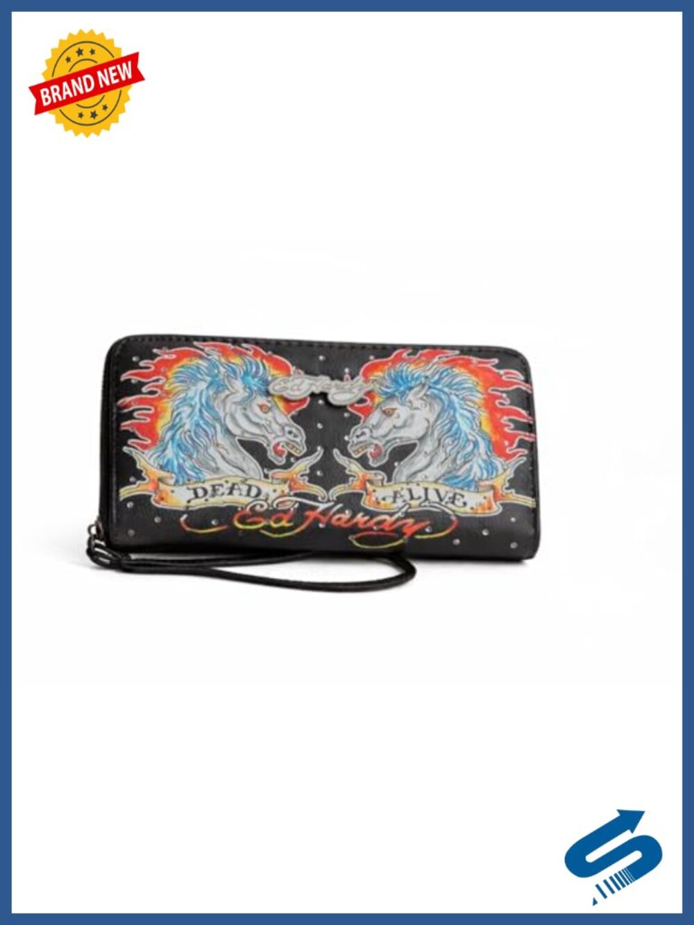 Ed Hardy Faux Leather Zip Around Wallet with Wristlet Strap